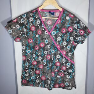 Floral Mock Wrap Scrub Top Womens M Black Pink Medical Nurse Uniform Pockets